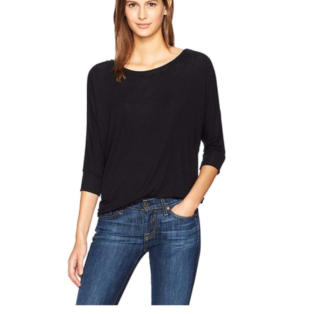 NWT Splendid Women's 2x1 Rib 3/4 Sleeve Split Shoulder Size S Black $80 K118